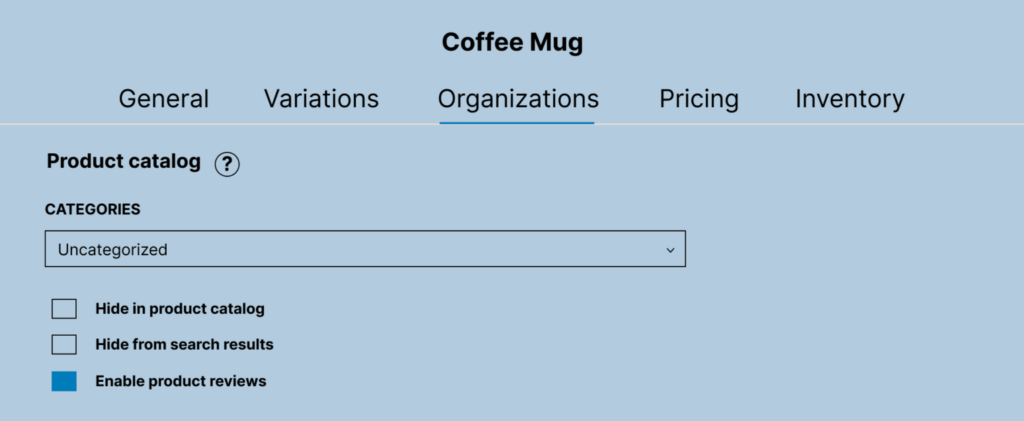 organizations tab in woocommerce new product editor
