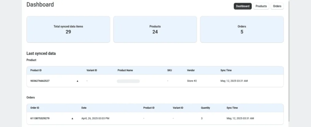 Dashboard of a Shopify Data Sync App