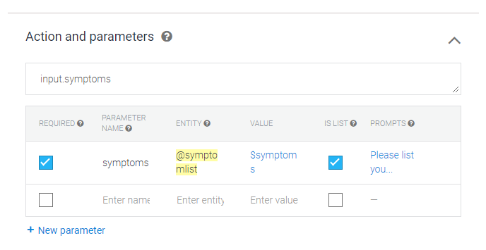 dialogflow actions and parameters