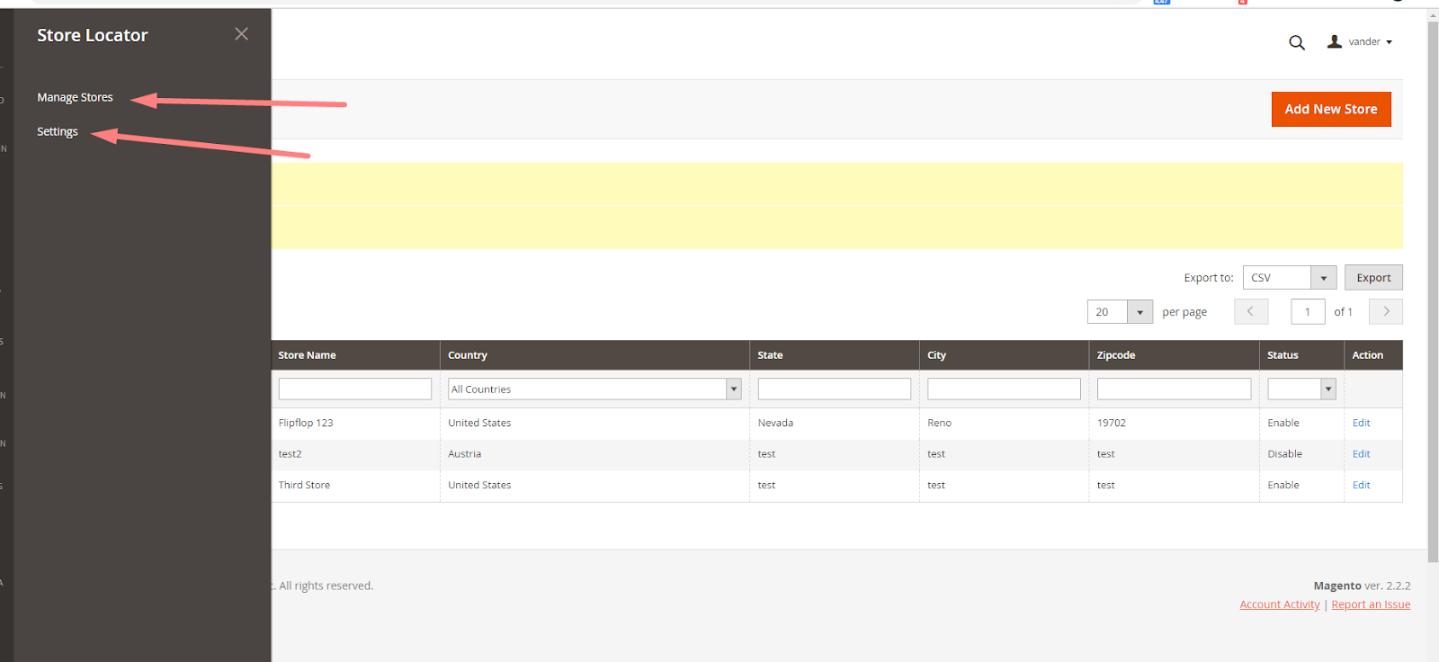Manage stores and settings