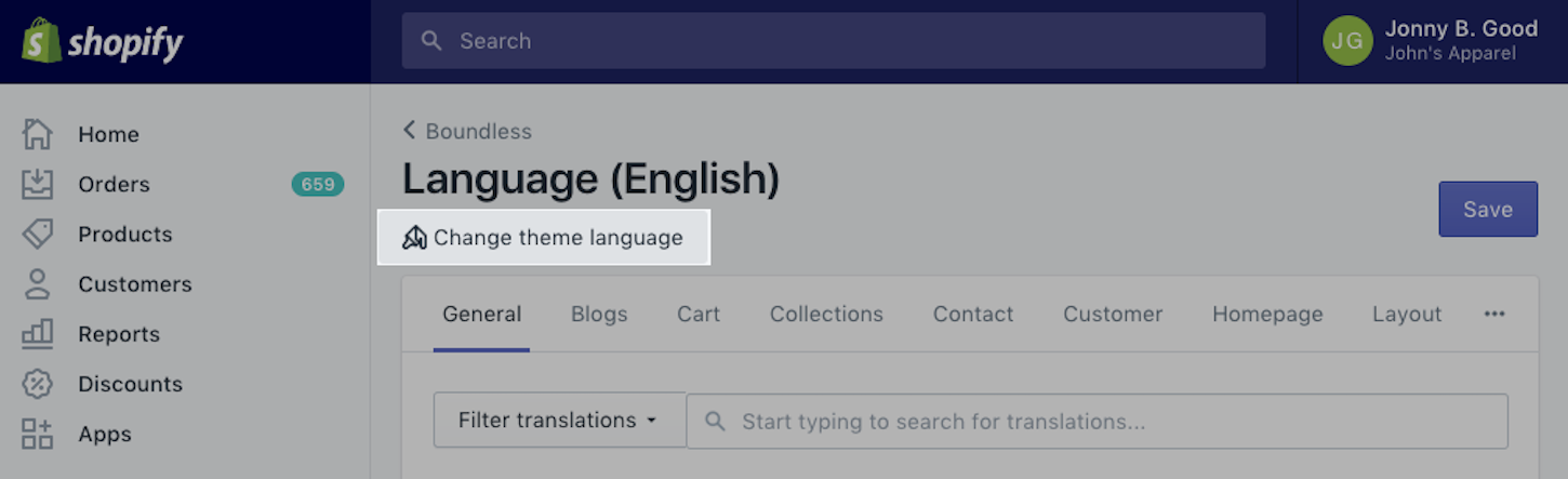 Language change option at the backend