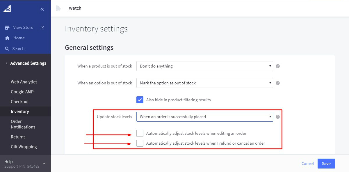 Uncheck - Options of Update Stock Levels