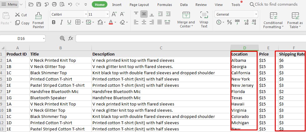 Display of rates dynamically according to location