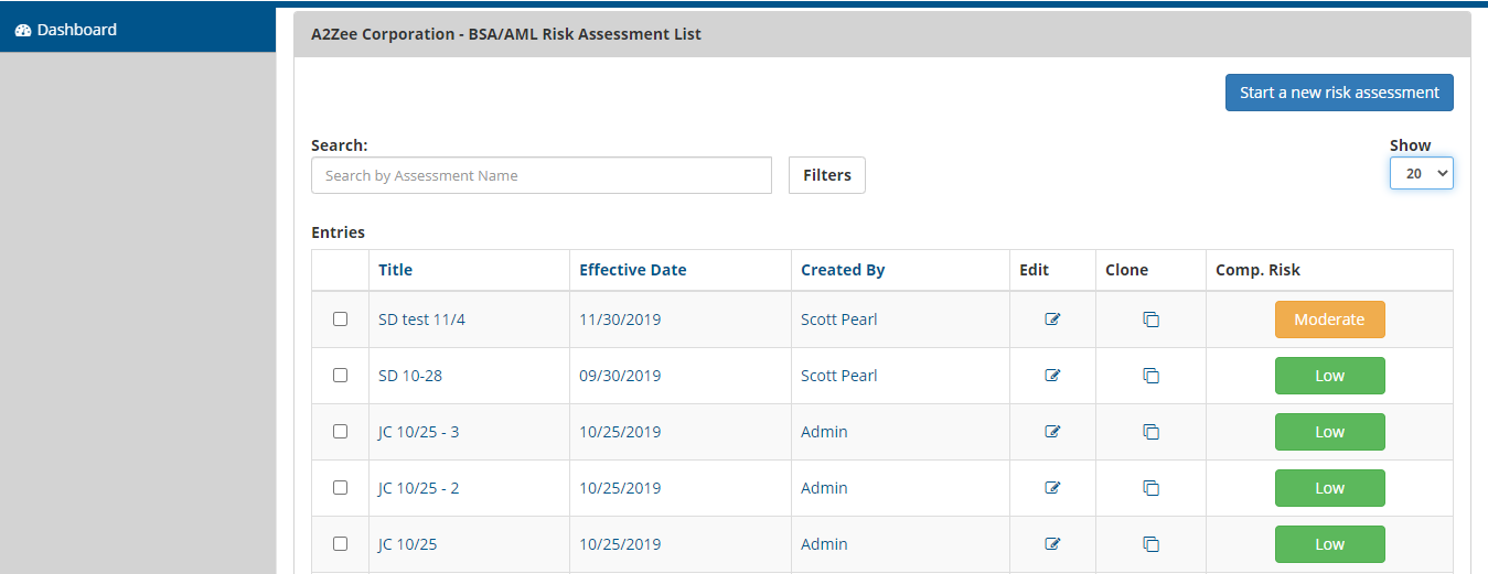 Dashboard for compliance management software
