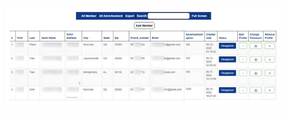 Shopify business listing admin panel
