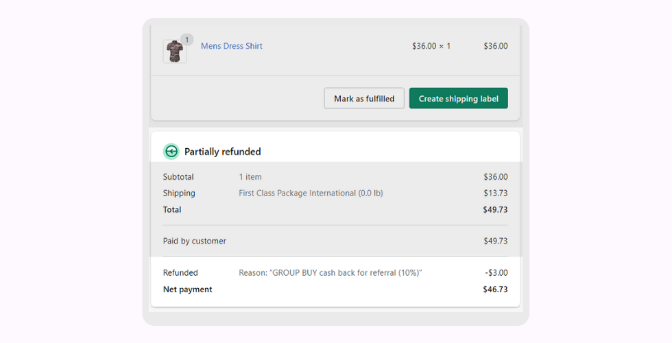 Cashback in Shopify Referral app