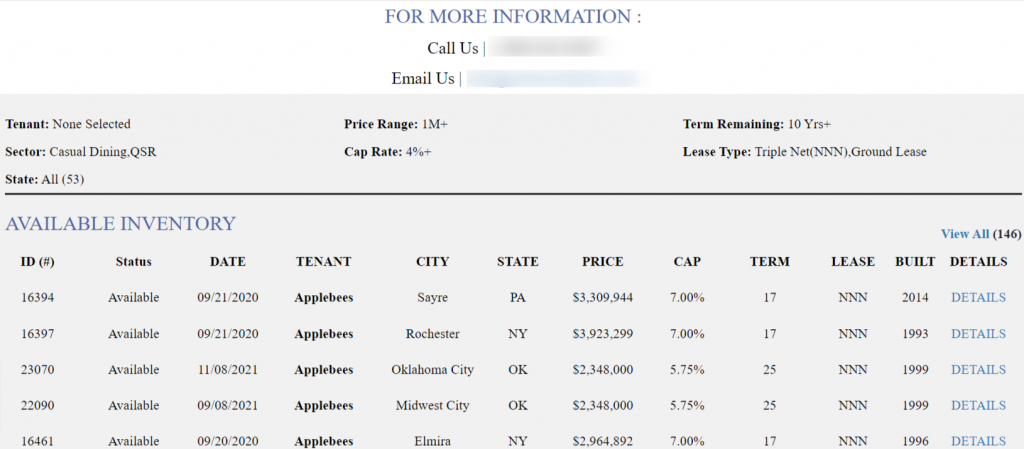 Email showing available commercial properties