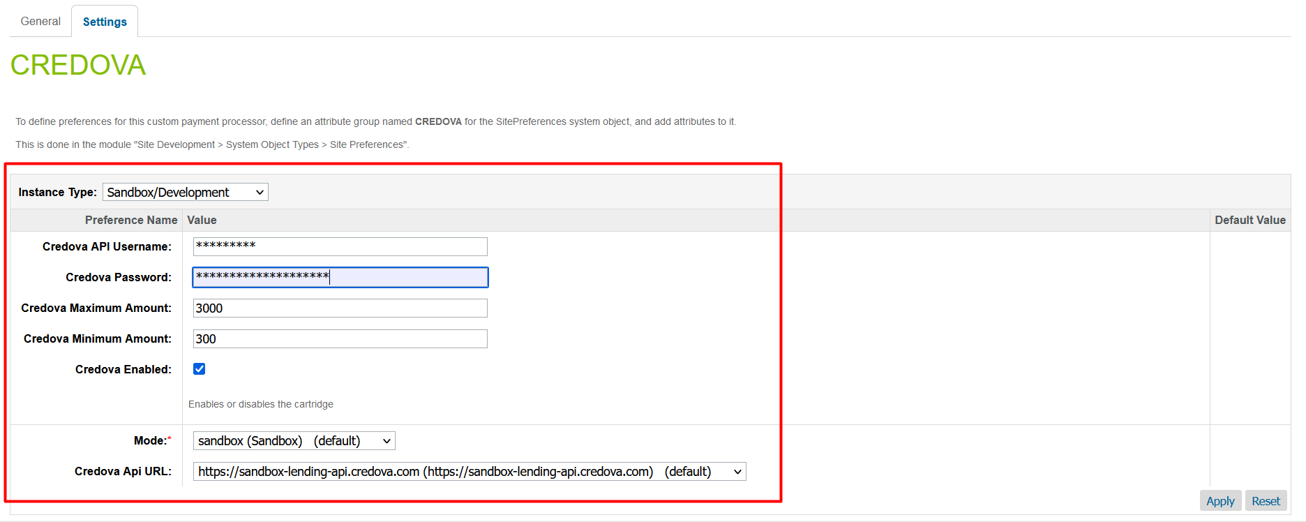 Settings of Salesforce commerce cloud payment gateway 